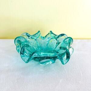 Vtg Murano Italy Bowl Dish Controlled Bubble Glass Rolled Edge Art Glass